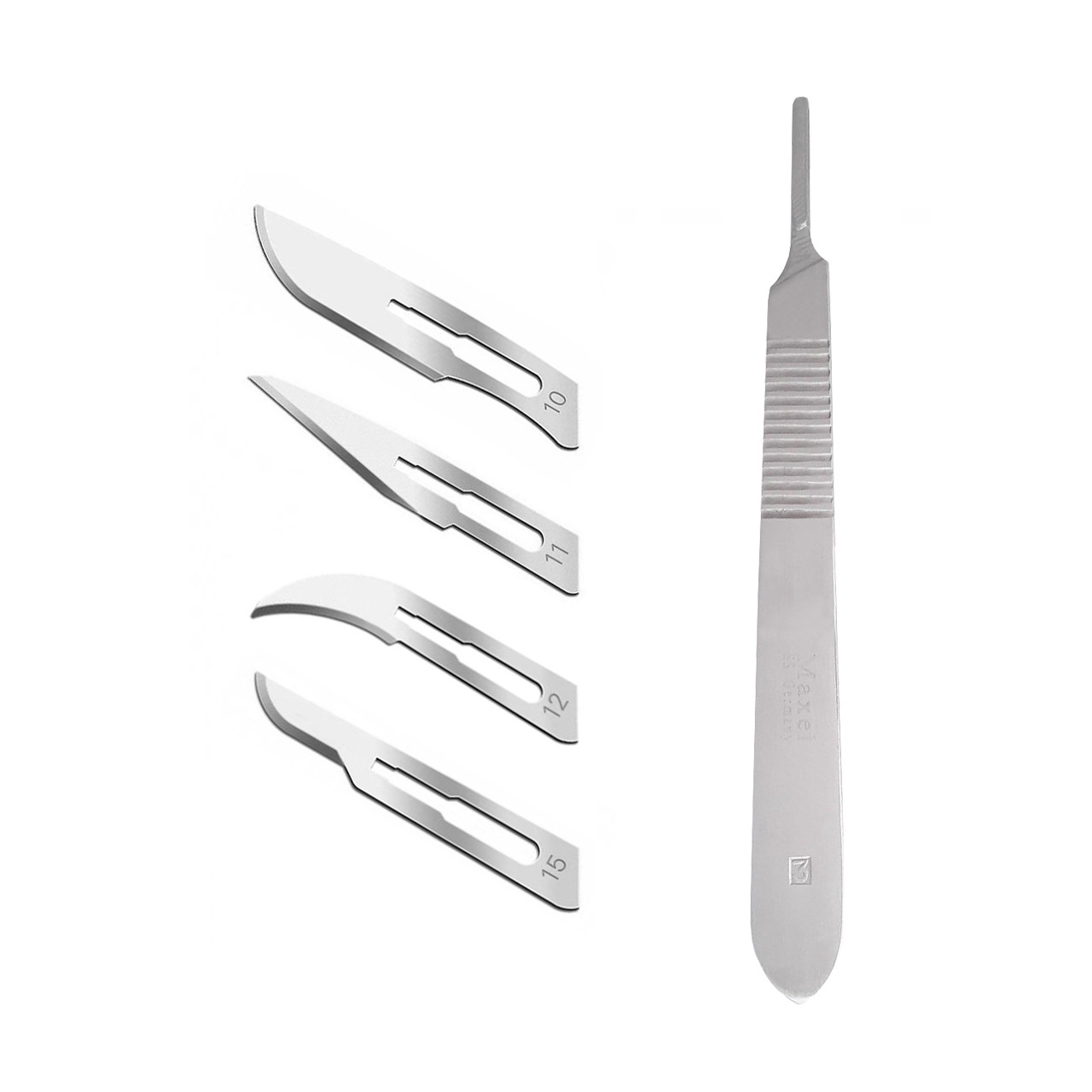 دسته تیغ جراحی مکسل مدل MJQX69 شماره 3 به همراه تیغ استریل اسپنگلر مدل SKJQ002369 مجموعه 4 عددی