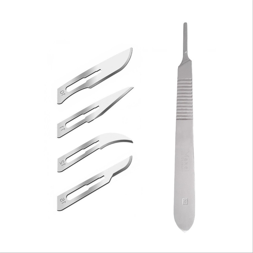 دسته تیغ جراحی مکسل مدل MJQX69 شماره 3 به همراه تیغ استریل اسپنگلر مدل SKJQ002369 مجموعه 4 عددی