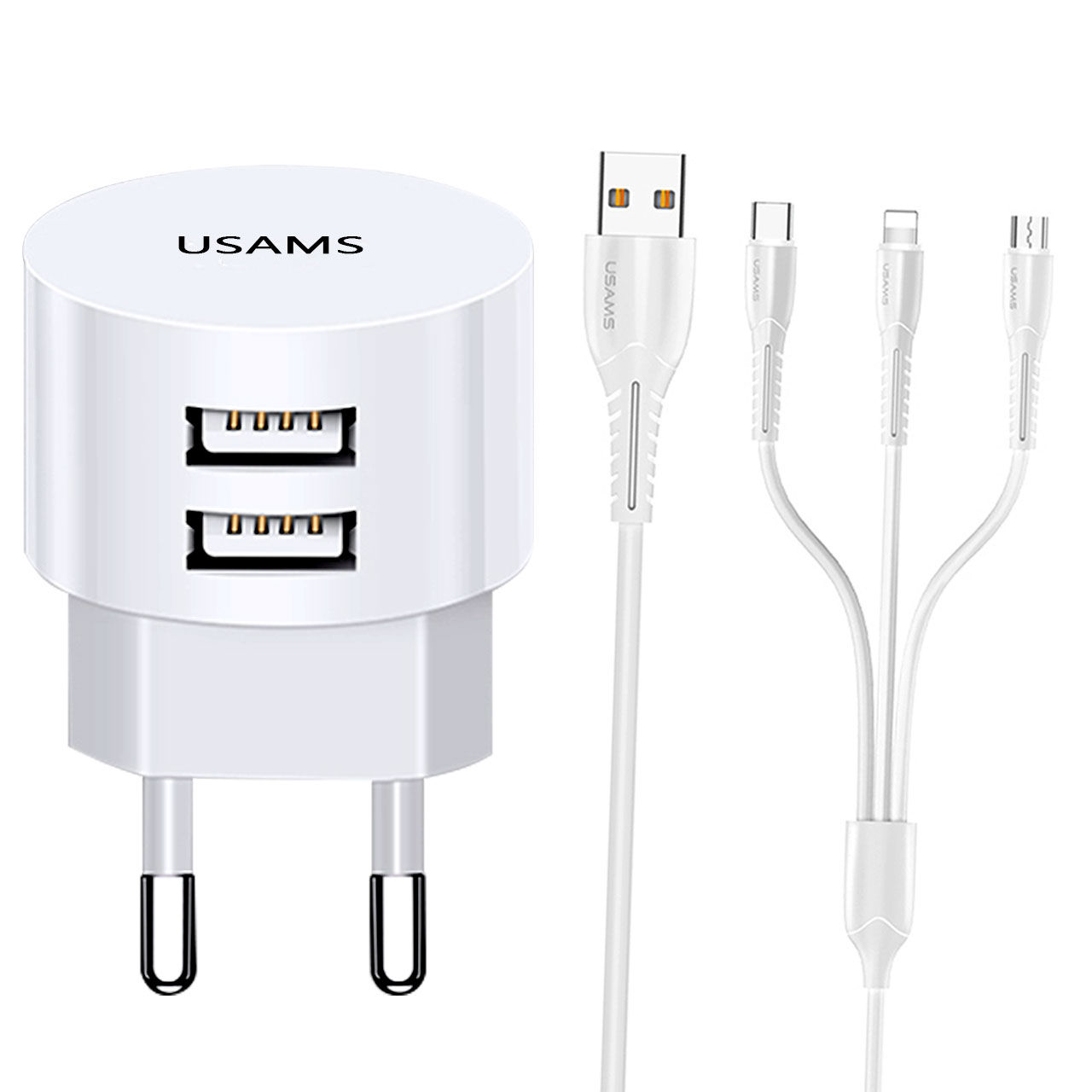 خرید                     شارژر دیواری یوسمز مدل USM به همراه کابل تبدیل microUSB / Lightning / USB-C
