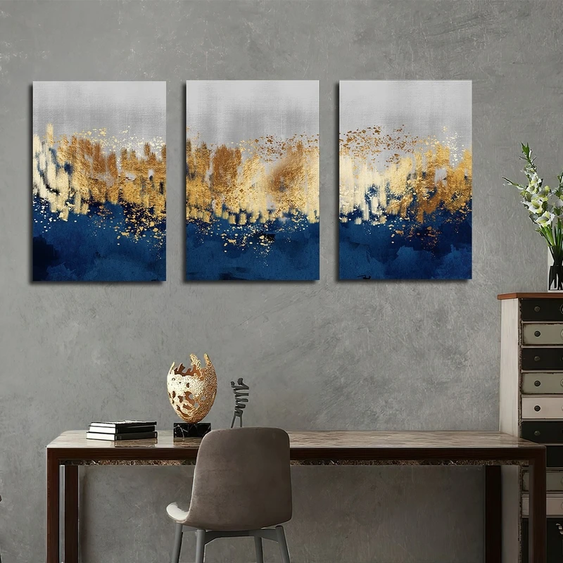 تابلو شاسی بکلیت طرح نقاشی انتزاعی طلایی مدل SH-2477 مجموعه 3 عددی