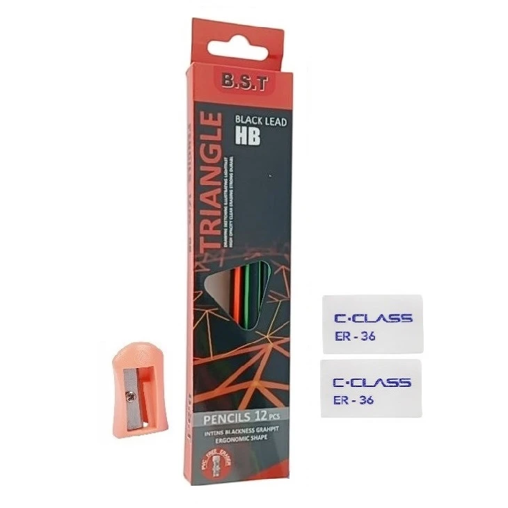  مداد مشکی بی اس تی با سختی HB مدل کلاس به همراه تراش و پاک کن مجموعه 15 عددی 