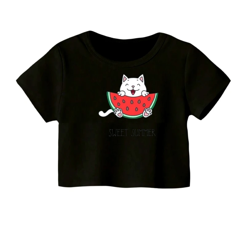 کراپ‌ تی‌شرت آستین کوتاه زنانه مدل گربه یلدایی کد 3