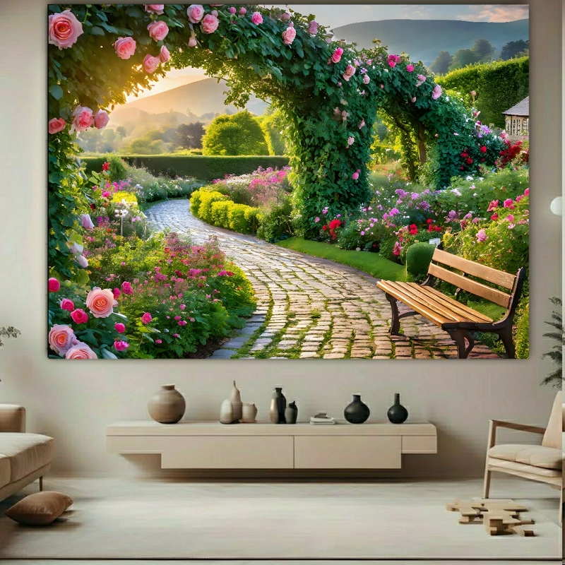 تابلو بوم طرح مخمل جاده طبیعت مدل نیمکت و درخت شکوفه کد BK23138