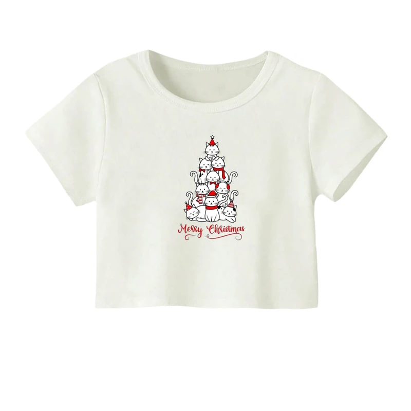 کراپ‌ تی‌شرت آستین کوتاه زنانه مدل گربه کریسمس کد 2