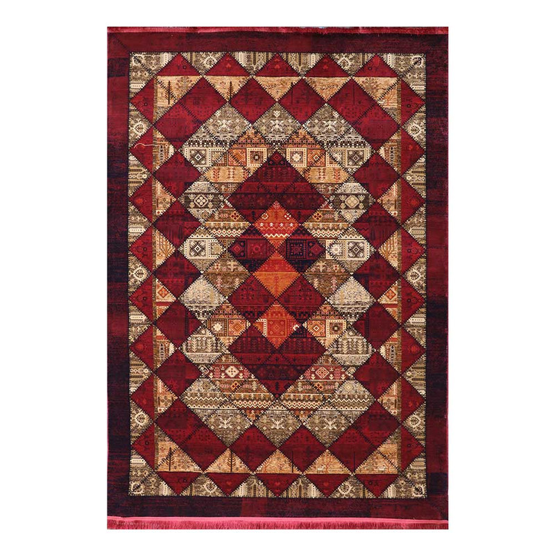 فرش ماشینی 700 شانه فرش هیوا زمینه قرمز لاکی حاشیه لاکی مدل چهل تکه