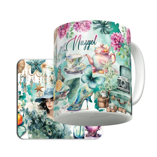 ماگ لاژید مدل اسم نازگل طرح نقاشی آبرنگ به همراه زیر لیوانی