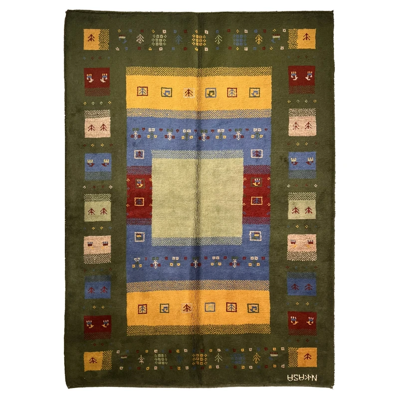 گبه دستبافت قشقایی سه متری  کد NKP.RJ141 زمینه سبز