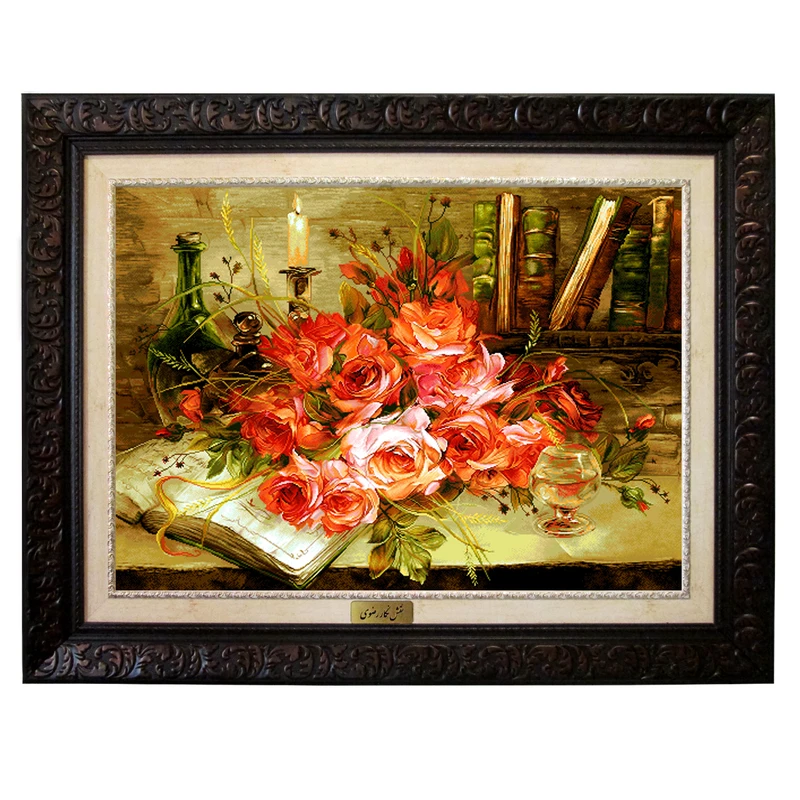 تابلو فرش ماشینی نقش نگار رضوی طرح گل کد 2396D