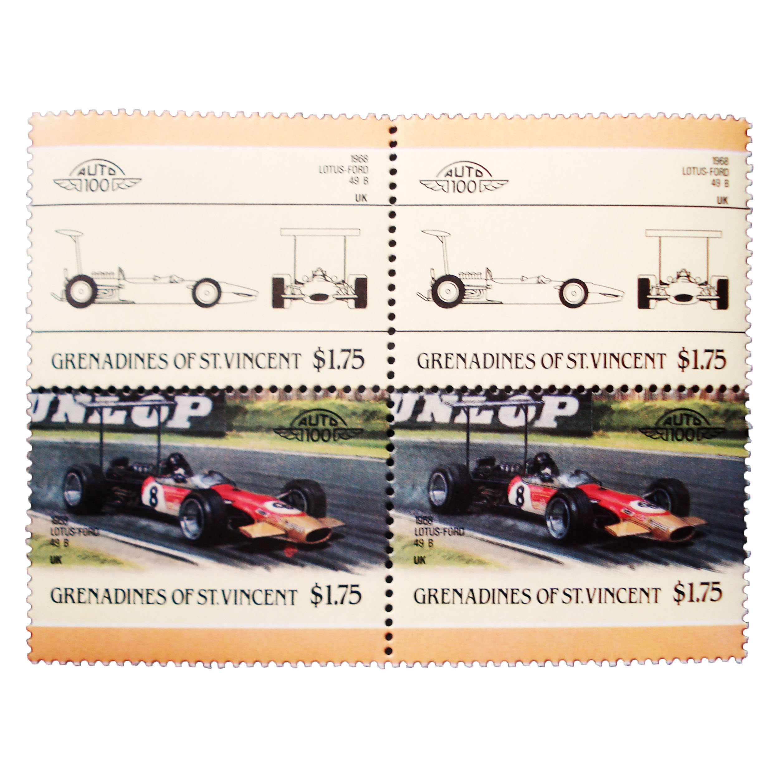 تمبر یادگاری طرح اتومبیل مدل LOTUS-FORD 1968 کد M-32 مجموعه 4 عددی