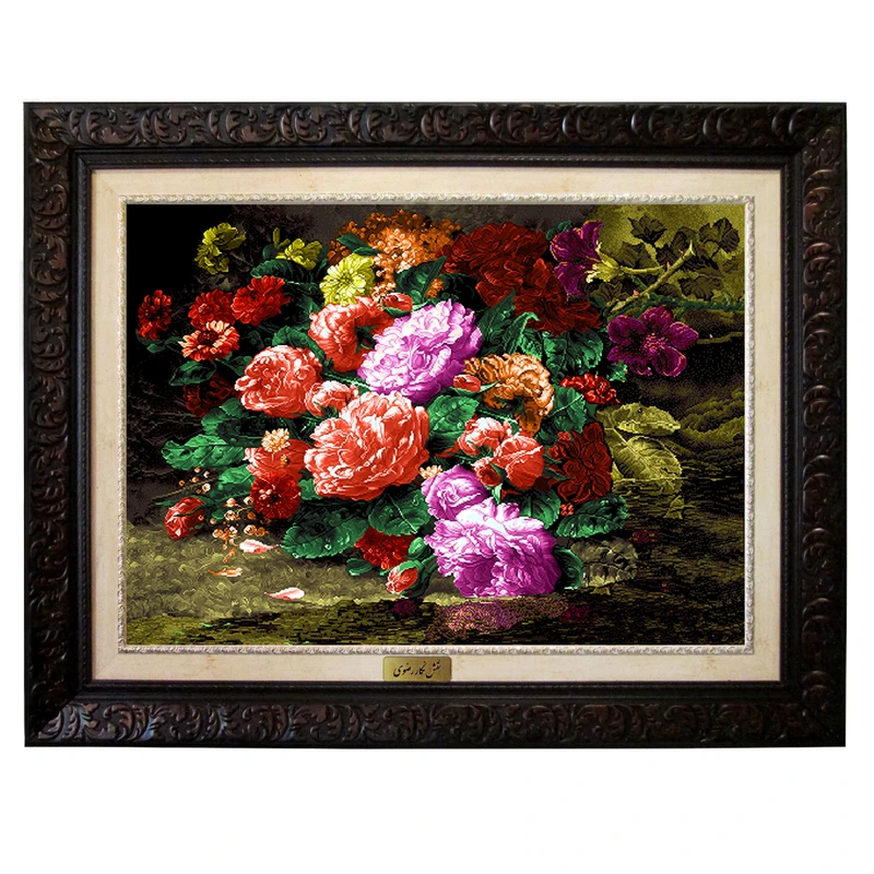 تابلو فرش ماشینی نقش نگار رضوی طرح گل کد 2405D