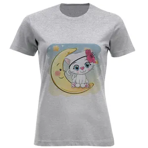 تیشرت آستین کوتاه زنانه طرح گربه ی دختر و ماه کد F261