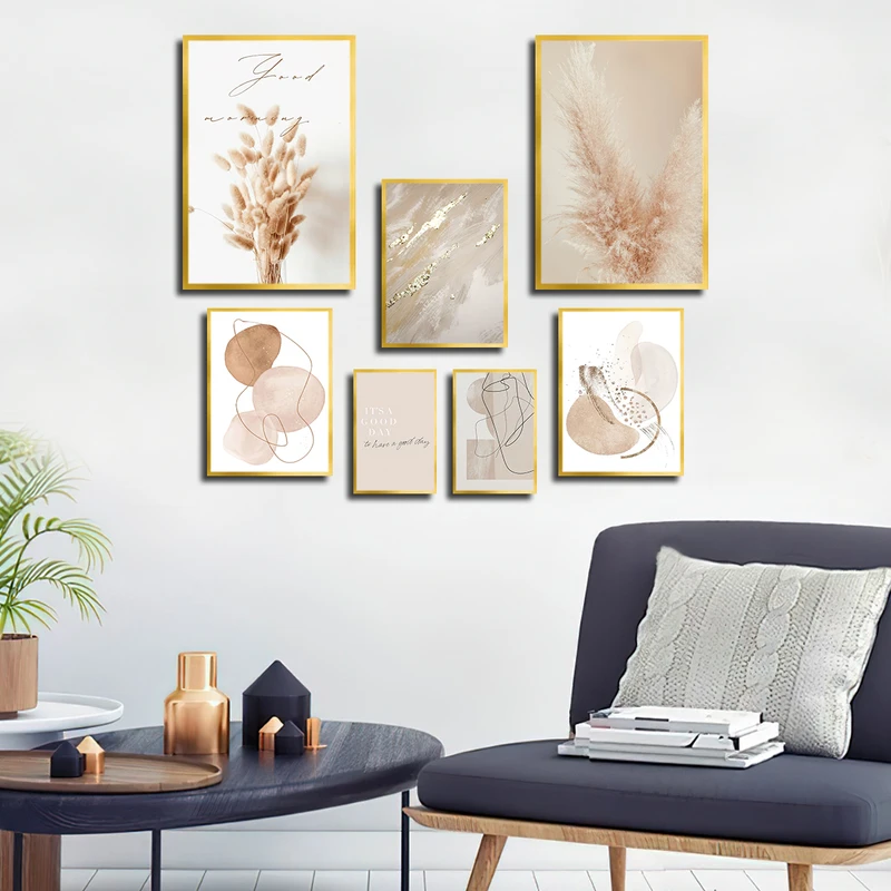 تابلو بکلیت طرح نقاشی مینیمال مدل T-3629 فریم طلایی مجموعه 7 عددی