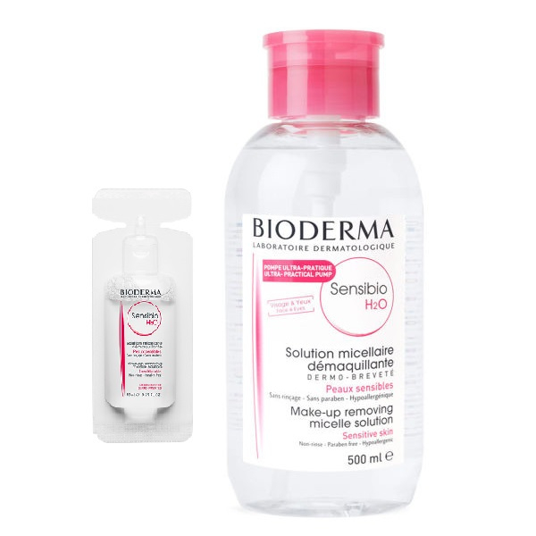 محلول پاک کننده آرایش صورت بایودرما مدل Sensibio H2O حجم 500 میلی لیتر به همراه محلول پاک کننده حجم ۱۰ میلی لیتر بسته 10 عددی