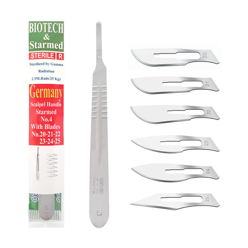 دسته تیغ جراحی استار مد مدل MFN09631 شماره 4 به همراه تیغ استریل بایوتک کد SKJQ002369 مجموعه 7 عددی