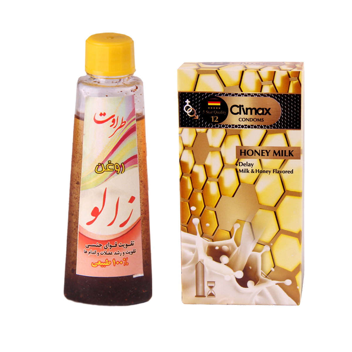 کاندوم کلایمکس مدل honeyh milk 12 بسته 12 عددی به همراه روغن زالو طراوت کد 60 حجم 60 میلی لیتر
