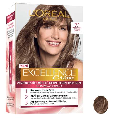 کیت رنگ مو لورآل مدل Excellence شماره 7.1 حجم 50 میلی لیتر بلوند دودی 