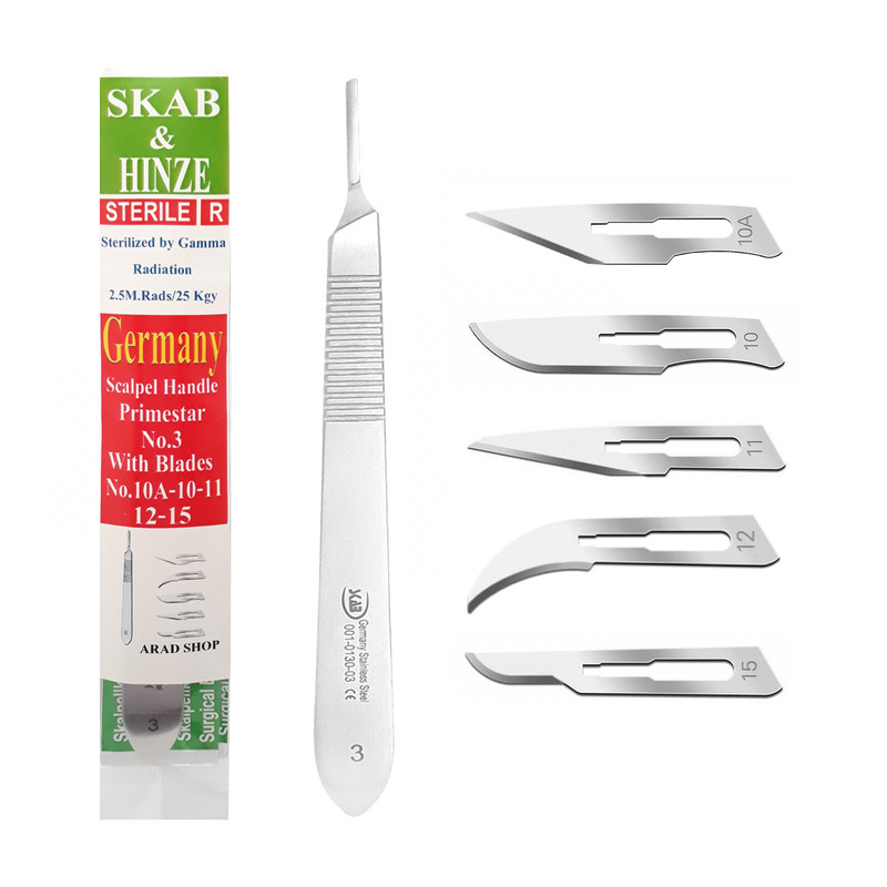 دسته تیغ جراحی اسکاب مدل MJNQ69 شماره 3 به همراه تیغ استریل هاینز کد SKJQ002369 بسته 5 عددی