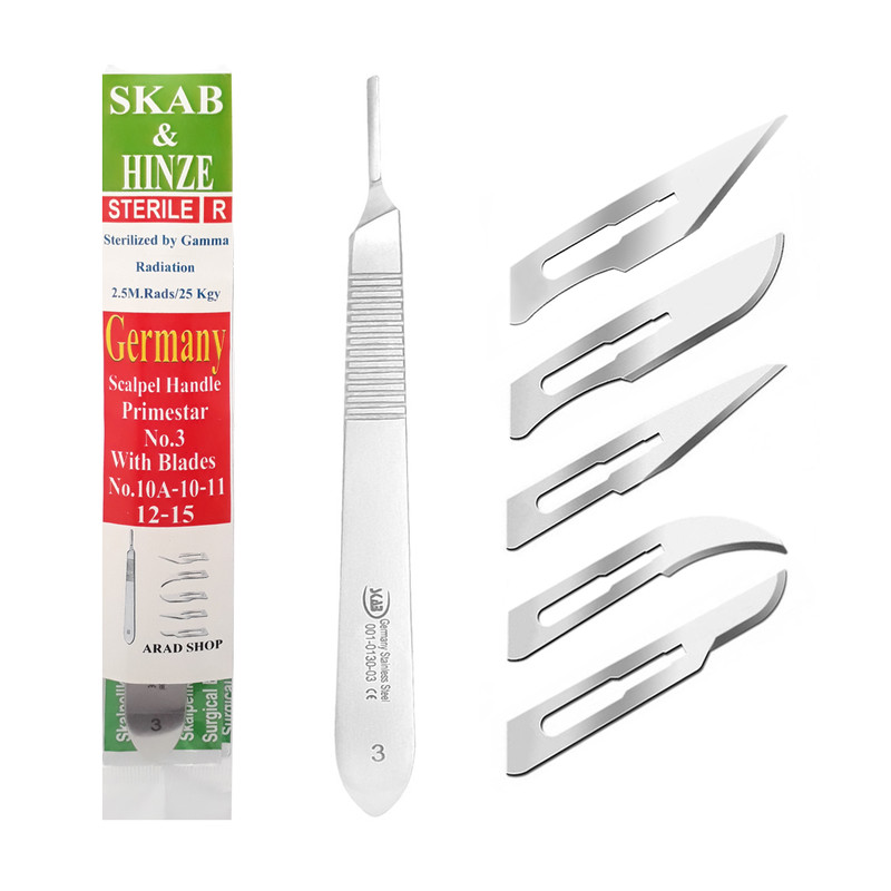 دسته تیغ جراحی اسکاب مدل MJNQ69 شماره 3 به همراه تیغ استریل هاینز کد SKJQ002369 بسته 5 عددی