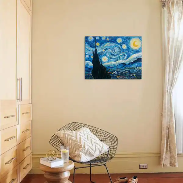 تابلو نقاشی رنگ روغن طرح شب پر ستاره ونگوگ کد 1058