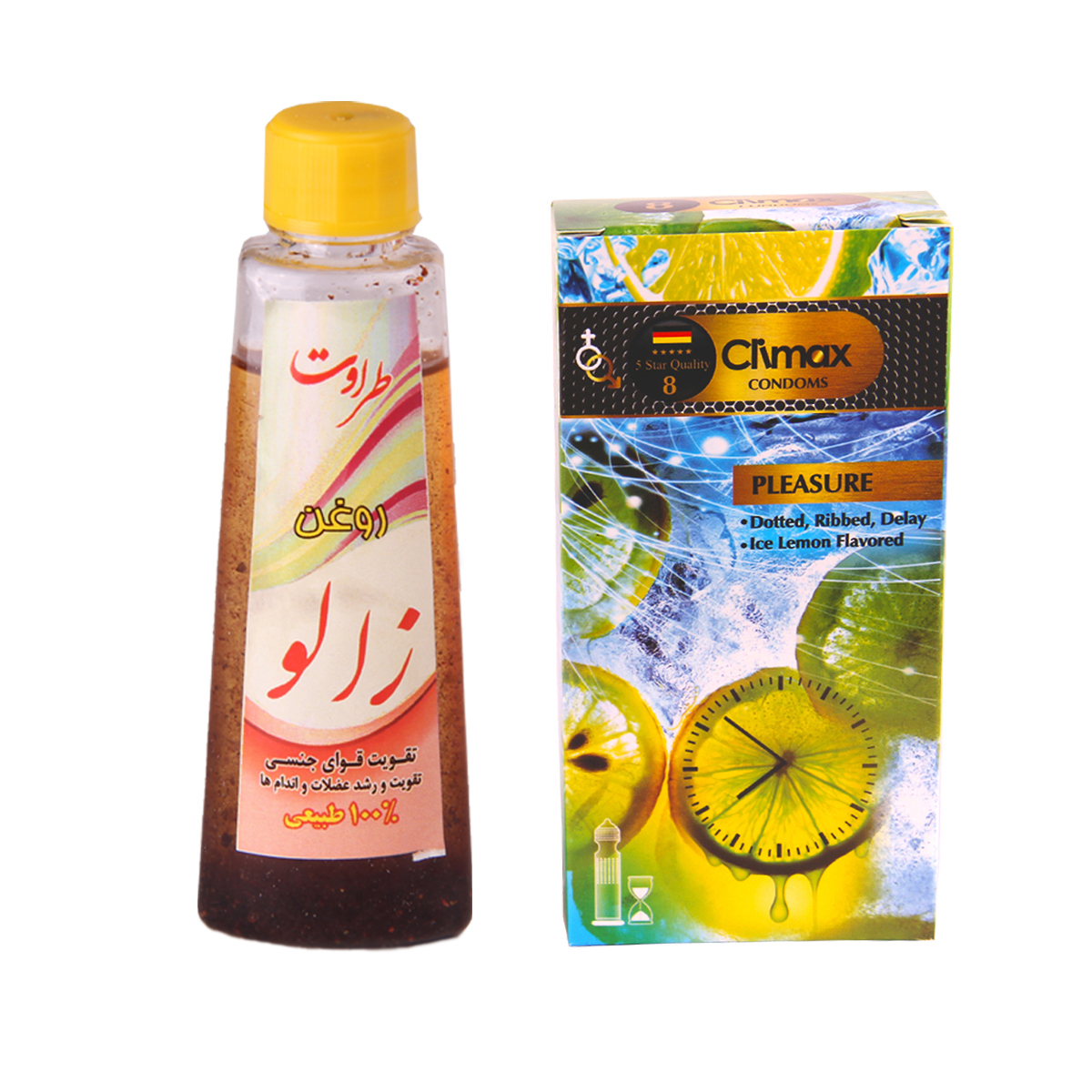 کاندوم کلایمکس مدل pleasure 8 بسته  12 عددی به همراه روغن زالو طراوت کد 60 حجم  60 میلی لیتر