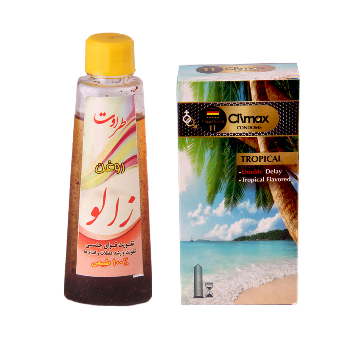 کاندوم کلایمکس مدل tropical 11 بسته 12 عددی به همراه روغن زالو طراوت کد 60 حجم 60 میلی لیتر 