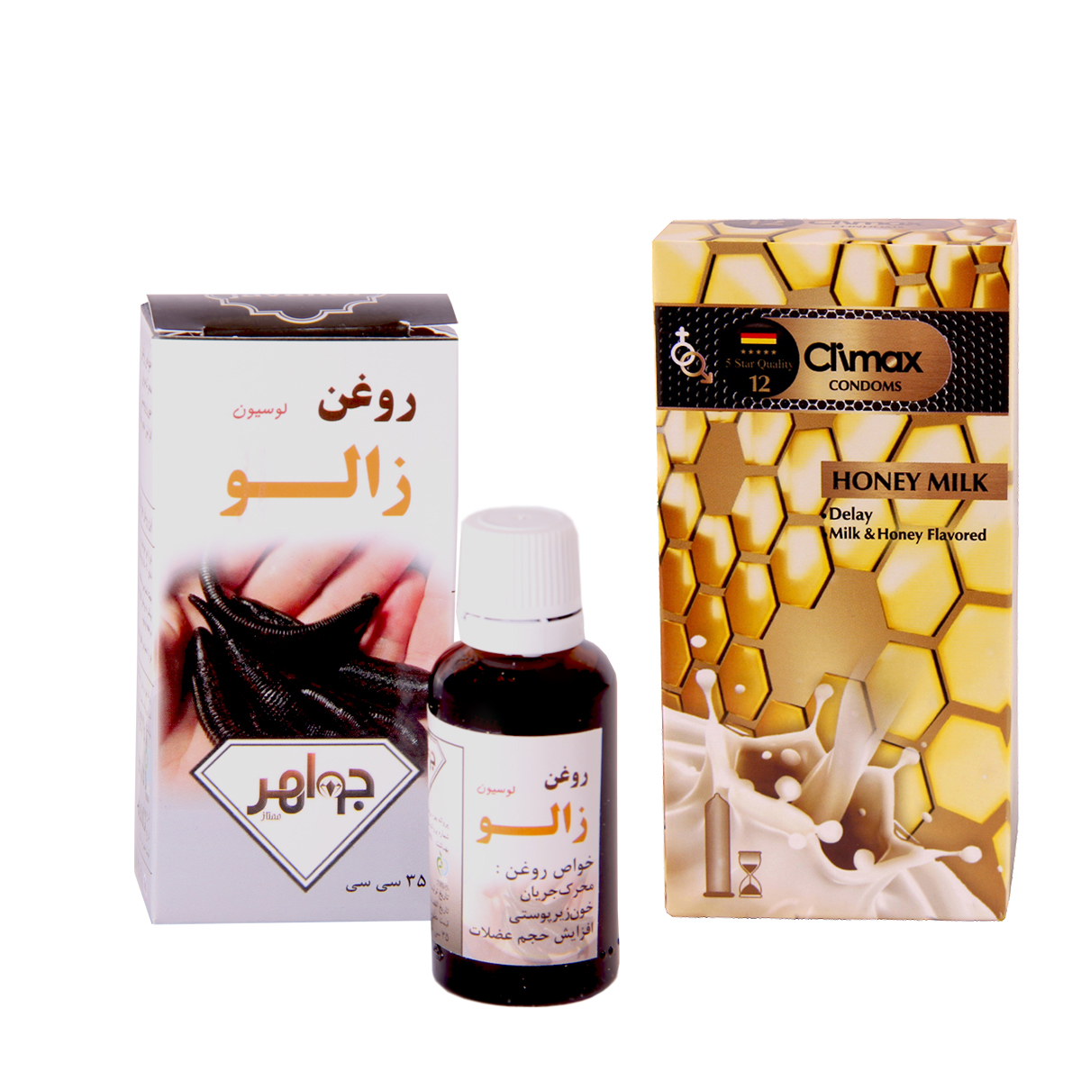 کاندوم کلایمس مدل honey milk 12 بسته 12 عدی به همراه روغن زالو جواهر کد 35 حجم 35 میلی لیتر 