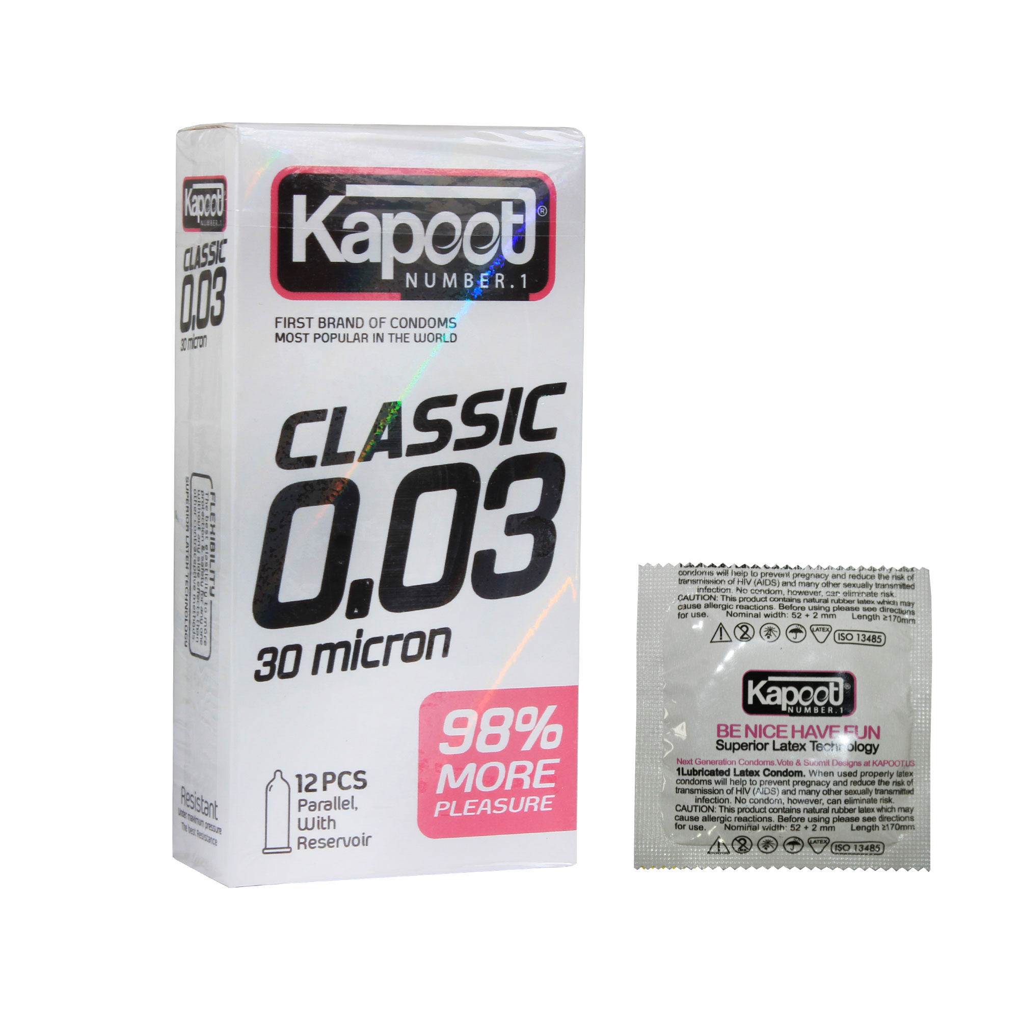 کاندوم کاپوت مدل CLASSIC 0.03 بسته 12 عددی به همراه کاندوم کد 100