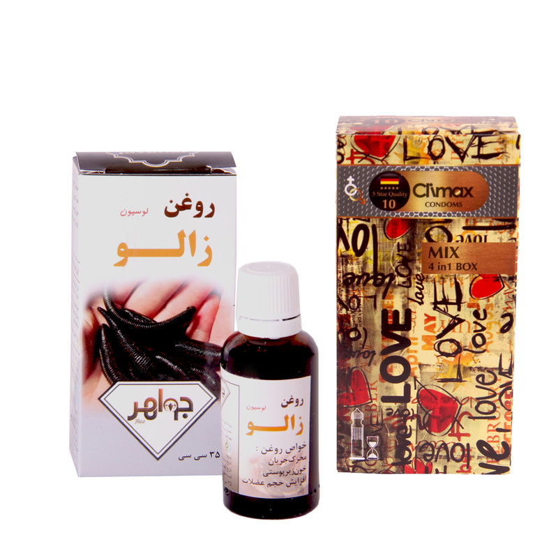 کاندوم کلایمکس مدل mix 10 بسته 12 عددی به همراه روغن زالو جواهر کد 35 حجم 35 میلی لیتر
