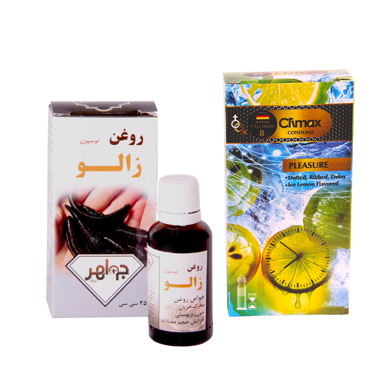 کاندوم کلایمکس مدل pleasure 8 بسته 12 عددی به همراه روغن زالو جواهر کد 35 حجم 35 میلی لیتر 