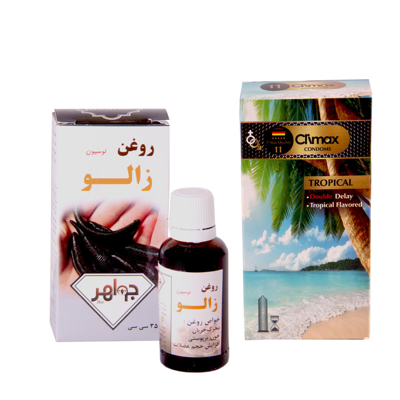 کاندوم کلایمکس مدل tropical 11 بسته 12 عددی به همراه روغن زالو جواهر کد 35 حجم 35 میلی لیتر کاندوم کلایمکس مدل tropical 11 بسته 12 عددی به همراه روغن زالو جواهر کد 35 حجم 35 میلی لیتر
