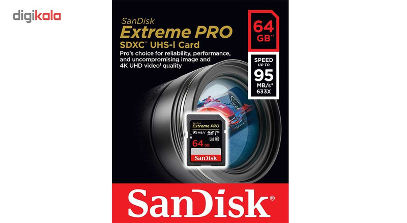 کارت حافظه SDXC سن دیسک مدل Extreme Pro V30 کلاس 10 استاندارد UHS-I U3 سرعت 633X 95MBps ظرفیت 64 گیگابایت