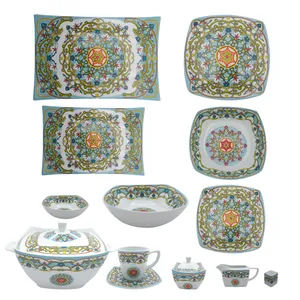 سرویس غذاخوری 85 پارچه لورین طرح ترنج فیروزه ای کد 110