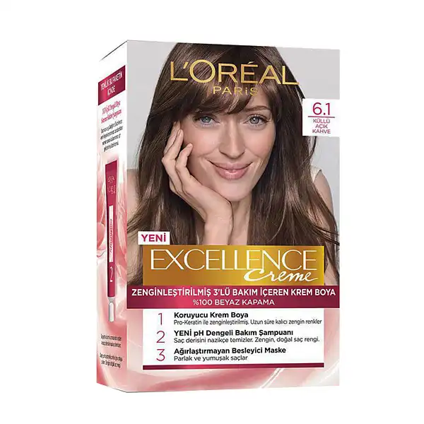 کیت رنگ مو لورآل مدل Excellence شماره 6.1 حجم 48 میلی لیتر رنگ قهوه ای