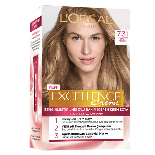 کیت رنگ مو لورآل مدل Excellence شماره 7.31 حجم 48 میلی لیتر رنگ عسلی