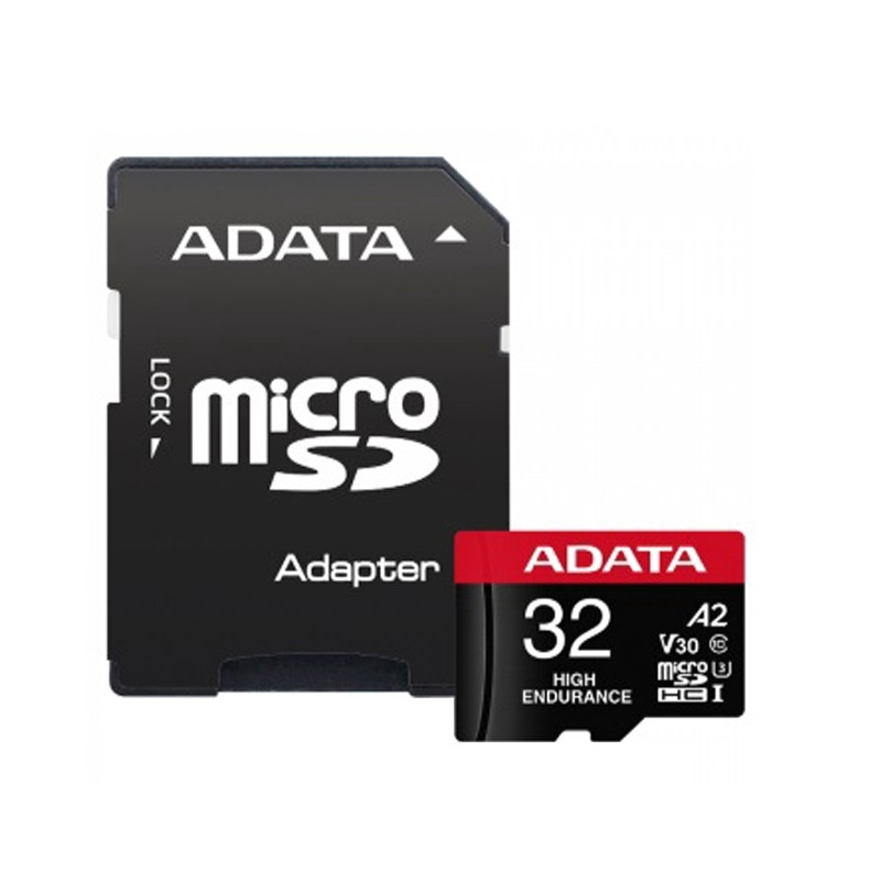 تصویر کارت حافظه microSD ای دیتا مدل HIGH ENDURANCE کلاس A2 V30 استاندارد UHS-I U3 سرعت 100MBps ظرفیت 32 گیگابایت به همراه آداپتور SD