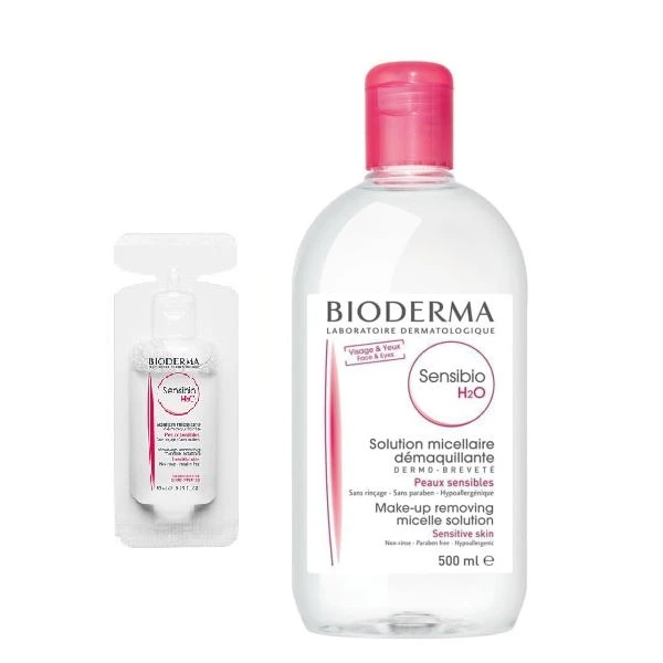 محلول پاک کننده آرایش صورت بایودرما مدل Sensibio H2O حجم 500 میلی لیتر به همراه محلول پاک کننده حجم ۱۰ میلی لیتر بسته 10 عددی