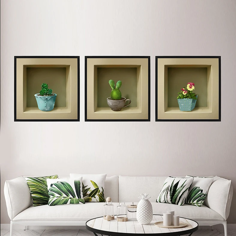 تابلو دکوراتیو طرح کاکتوس و گلدان مدل skb005 مجموعه 3 عددی