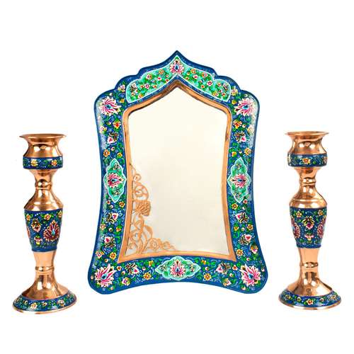 ست سه تکه آینه و شمعدان مسی مدل پرداز کد ۳۴۲۴