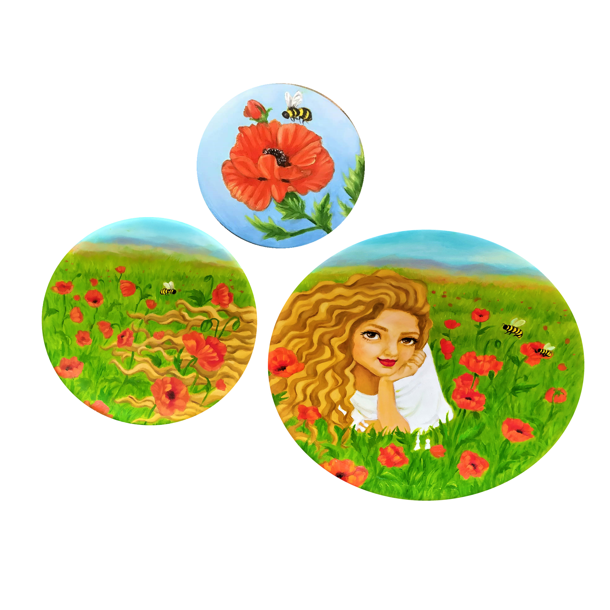 بشقاب دیوارکوب سفالی طرح دختر مزرعه مجموعه 3 عددی