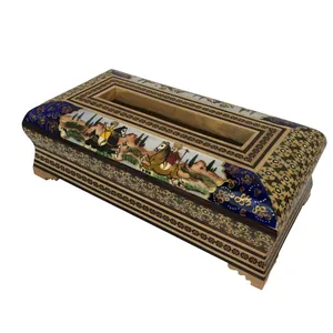 جعبه دستمال کاغذی خاتم کاری طرح شکار کد 734