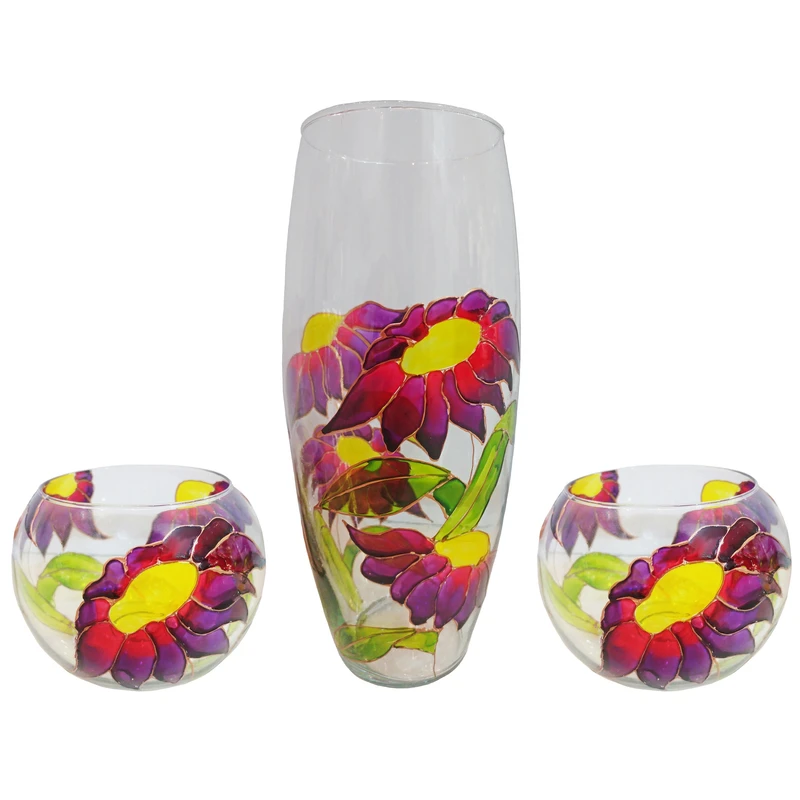 ست سه تکه گلدان و جاشمعی شیشه ای طرح گل کد 07