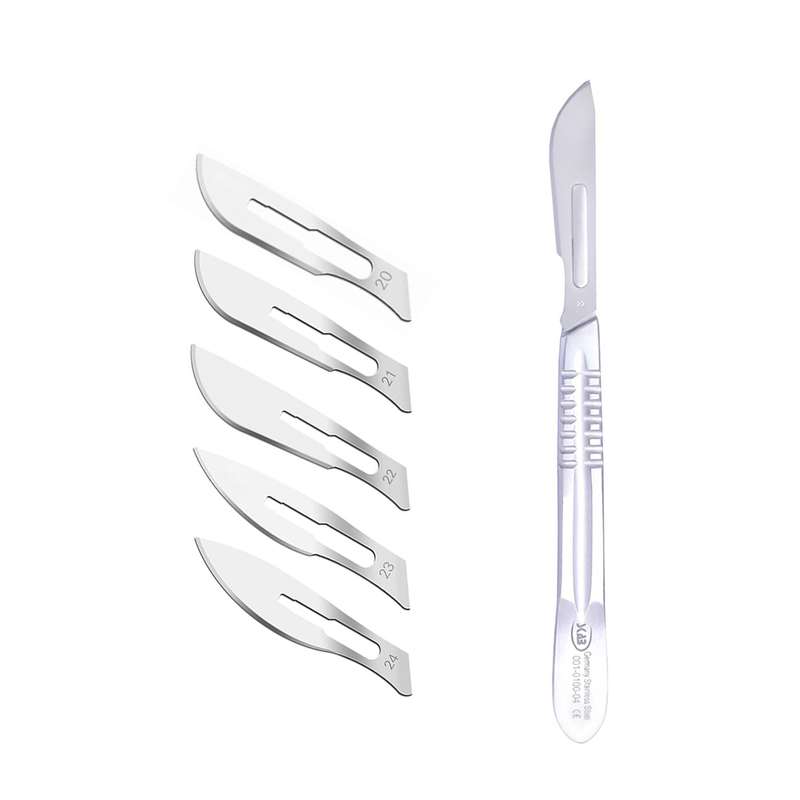 دسته تیغ جراحی اسکاب مدل MFN09631 شماره 4 به همراه تیغ استریل ترینون کد SKJ02369 مجموعه 5 عددی