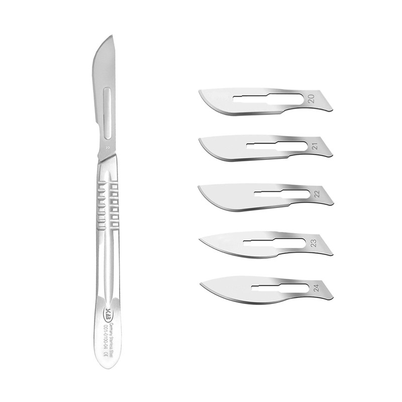 دسته تیغ جراحی اسکاب مدل MFN09631 شماره 4 به همراه تیغ استریل ترینون کد SKJ02369 مجموعه 5 عددی