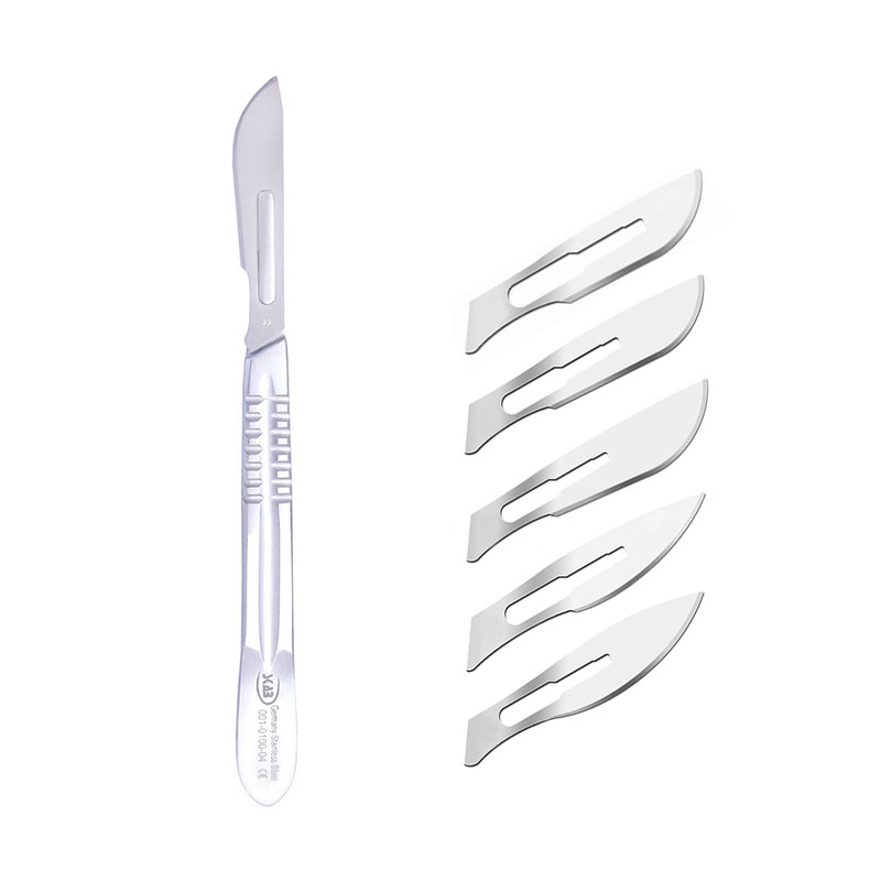 دسته تیغ جراحی اسکاب مدل MFN09631 شماره 4 به همراه تیغ استریل ترینون کد SKJ02369 مجموعه 5 عددی