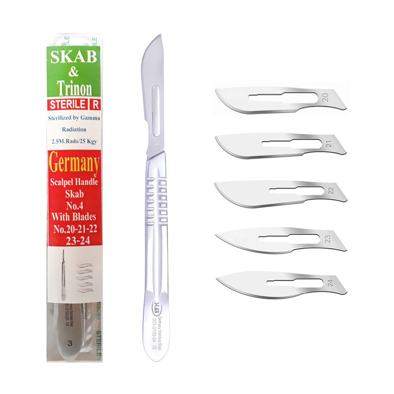 دسته تیغ جراحی اسکاب مدل MFN09631 شماره 4 به همراه تیغ استریل ترینون کد SKJ02369 مجموعه 5 عددی