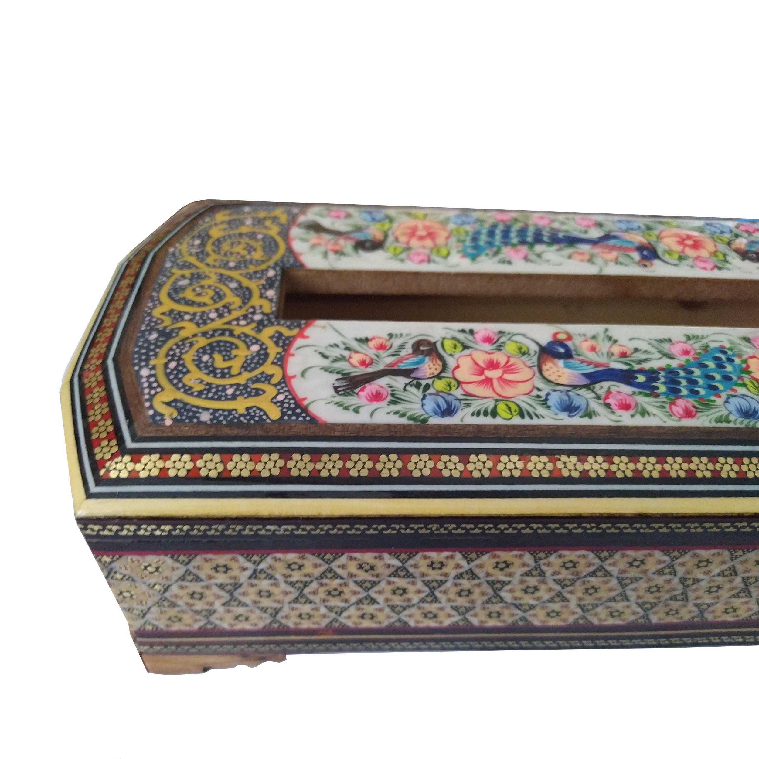 جعبه دستمال کاغذی خاتم کاری مدل گل و مرغ کد 88