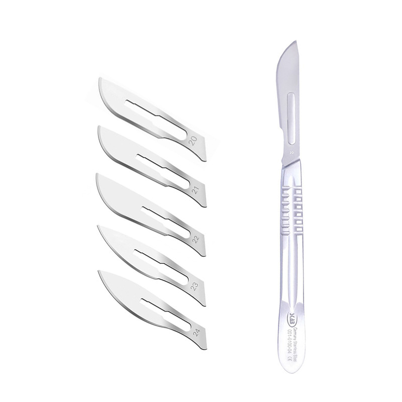 دسته تیغ جراحی اسکاب مدل MNF02369 شماره 4 به همراه تیغ استریل هاینز مدل SKJ02369 مجموعه 5 عددی