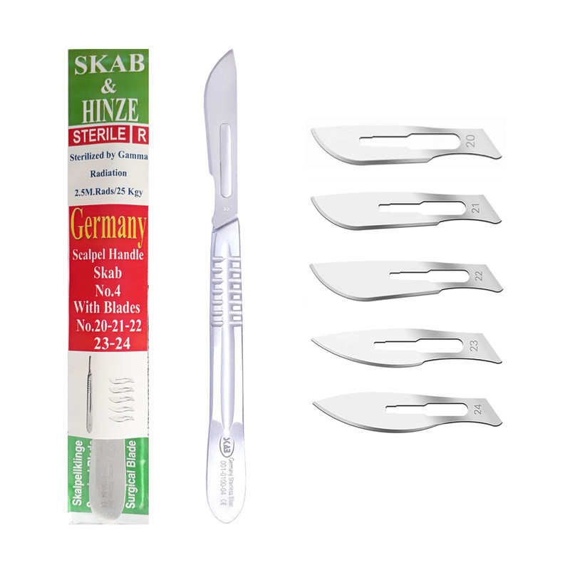 دسته تیغ جراحی اسکاب مدل MNF02369 شماره 4 به همراه تیغ استریل هاینز مدل SKJ02369 مجموعه 5 عددی