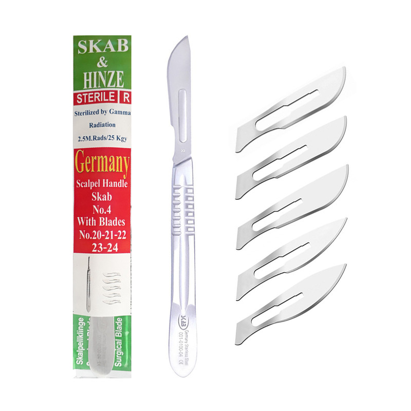 دسته تیغ جراحی اسکاب مدل MNF02369 شماره 4 به همراه تیغ استریل هاینز مدل SKJ02369 مجموعه 5 عددی