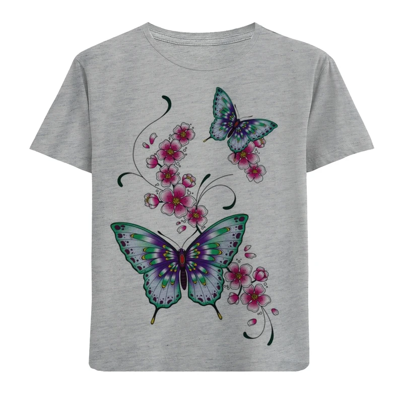 تیشرت آستین کوتاه دخترانه طرح پروانه و گل کد F80